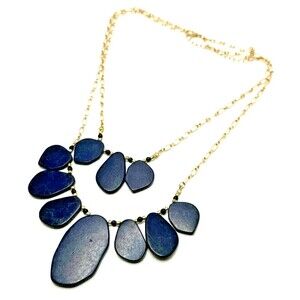 Vintage Blue Dragon Vein Bib Necklace Gold Tone Double Chain Statement 18"